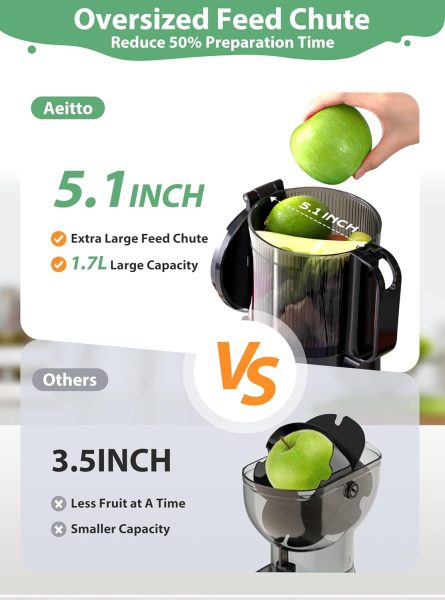Aeitto Cold Press Juicer, Juicer Machine with 5.1 Wide Mouth, 250W Whole Fruit juicer, 1.7L Large Capacity Juice Extractor for Vegetable and Fruit, High Juice Yield, Easy to Clean with Brush
