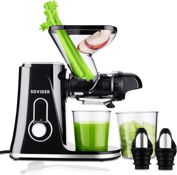 Cold Press Juicer with Dual Feed  Dual Filters for a Variety of Hard Fruits and Veggies-SOVIDER Compact Slow Masticating Mini Juicer Saves Space - Easy Clean with Brush, Reverse Function,Low Noise
