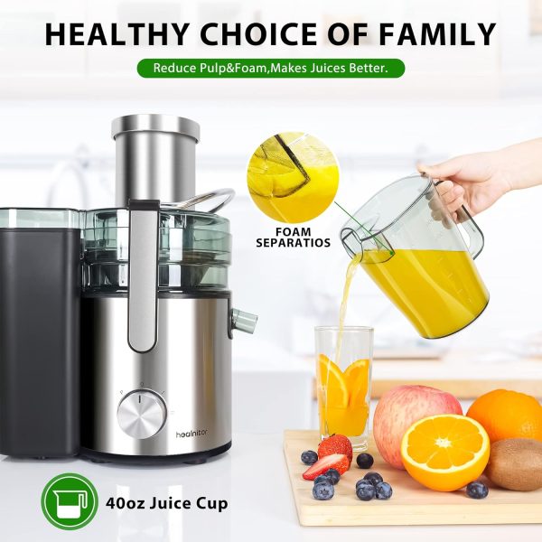 1000W 3-SPEED LED Centrifugal Juicer Machines Vegetable and Fruit, Healnitor Juice Extractor with 3.5 Big Wide Chute, Easy Clean, BPA-Free, High Juice Yield, Silver