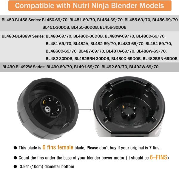 6 Fins Female Ninja Blender Blade Replacement Parts Compatible with Ninja Auto iQ BL450 BL480 BL480D BL482 BL456 Blenders, 6 Fins Blade Fit for 18 24 32oz Ninja Blender Cup (4 Inch Female Fins ONLY)