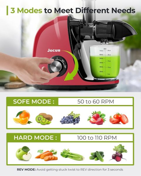 Jocuu Slow Masticating Juicer with Soft/Hard Modes Easy to Clean Quiet Motor  Reverse Function, Cold Press Juicer for Fruit  Vegetable, 90% Juice Yield, with Brush  Recipes (Grey)