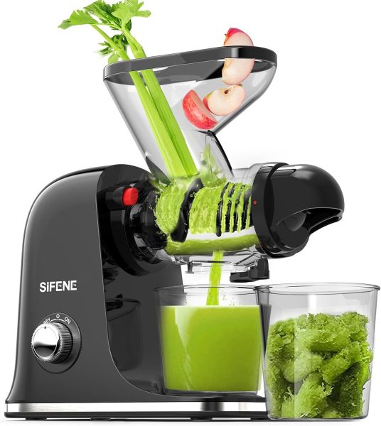 SiFENE Cold Press Juicer Machine, Compact Single Serve Slow Masticating Juicer, Vegetable and Fruit Juice Maker Squeezer Machines, Easy to Clean, BPA Free (Black)